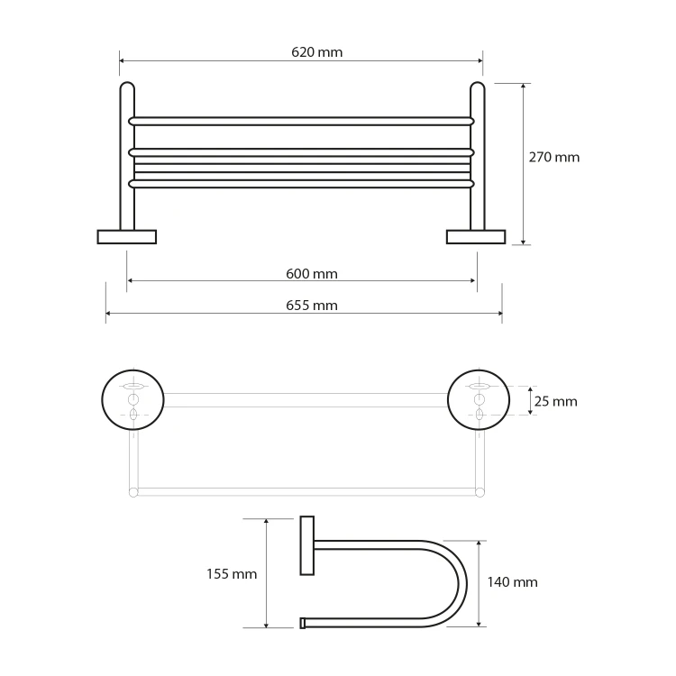 Rysunek techniczny - X-ROUND E półka na ręczniki, typu U, 600mm, chrom