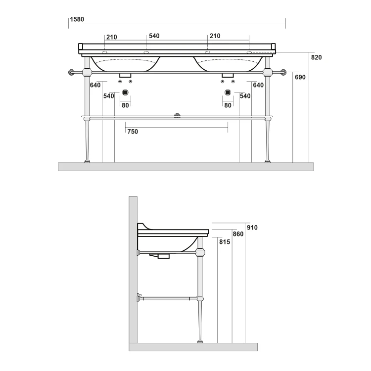 Rysunek techniczny - WALDORF podpora podwójnej umywalki 150 cm z półką szklaną, chrom