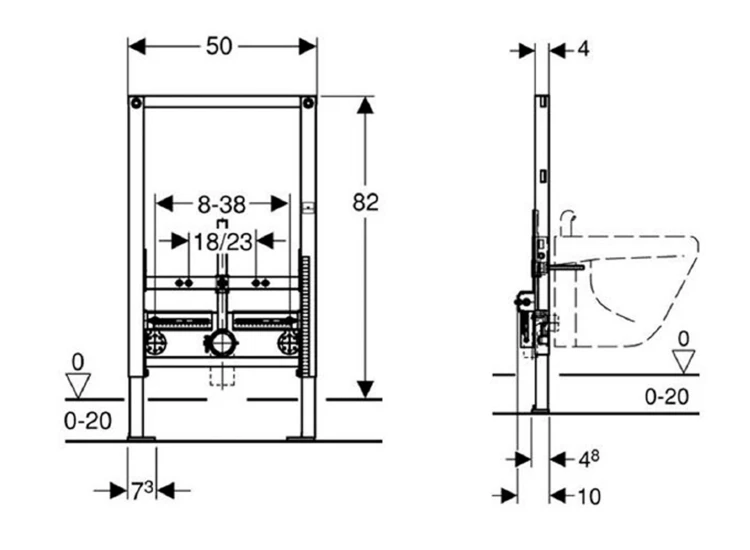 Rysunek techniczny - GEBERIT DUOFIX stelaż do bidetu, 82cm, uniwersalny