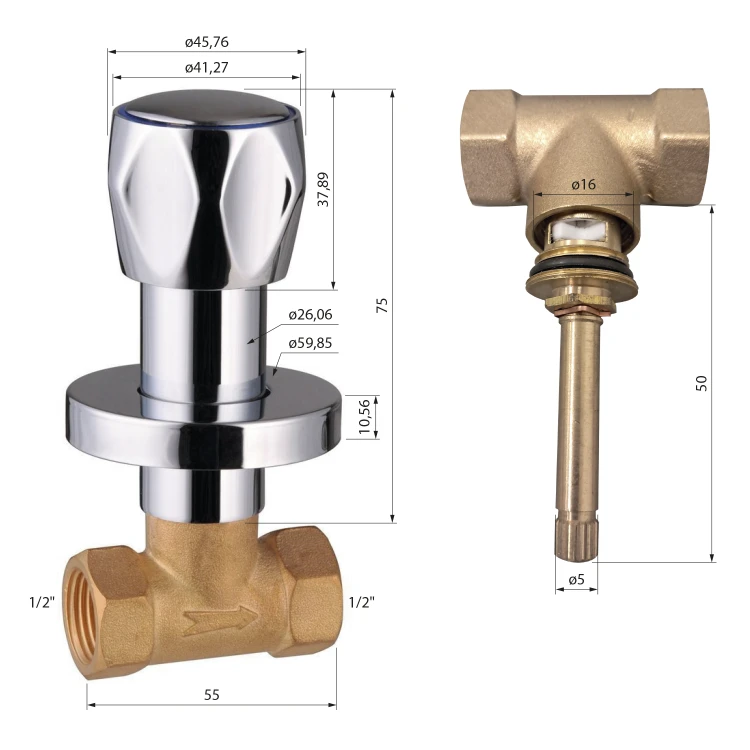 Rysunek techniczny - Zawór zamknięty podtynkowy 1/2", chrom
