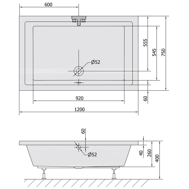 Rysunek techniczny - DEEP brodzik prysznicowy ze stelażem, 120x75x26cm, biały