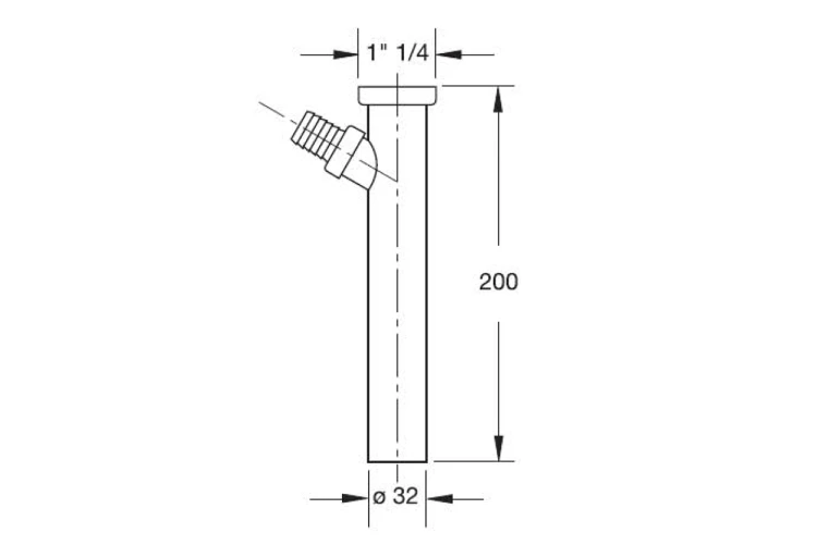 Rysunek techniczny - Przedłużka z przyłączem do pralki 5/4", odpływ 32mm, długość 200mm, chrom