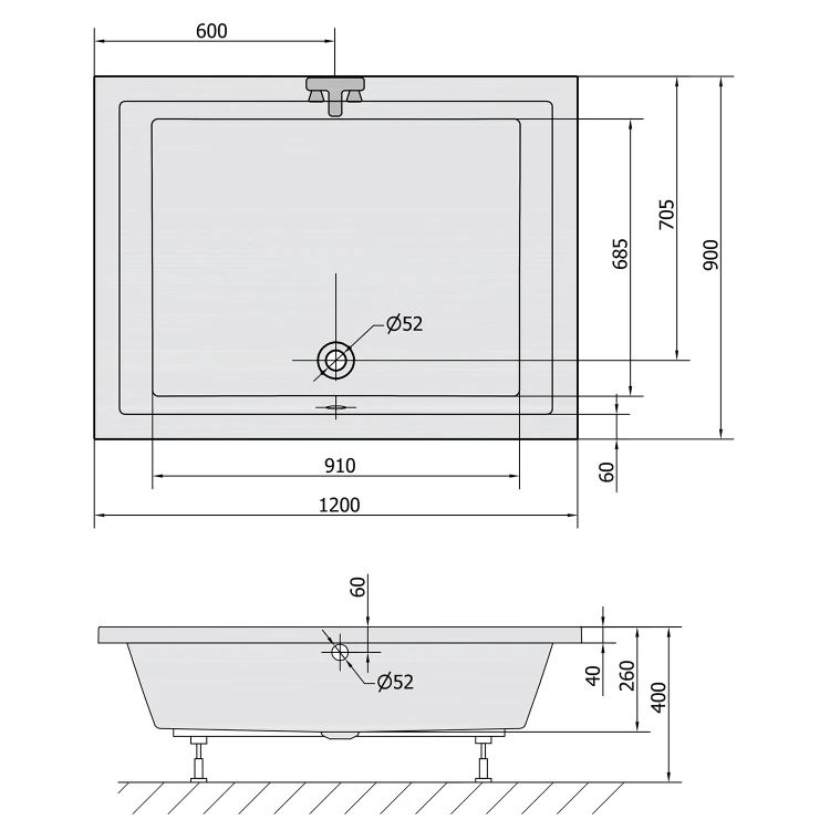 Rysunek techniczny - DEEP brodzik prysznicowy ze stelażem120x90x26cm, biały