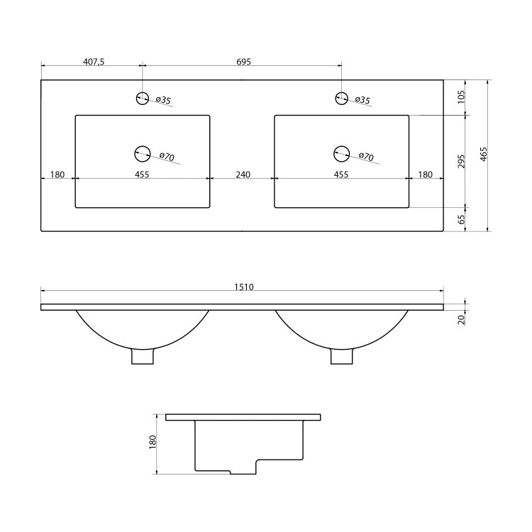 Rysunek techniczny - SLIM Podwójna umywalka meblowa, 150x46cm, biały