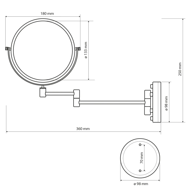 Rysunek techniczny - Wiszące lusterko kosmetyczne, średnica 140mm, dwustronne, brąz