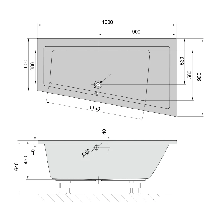 Rysunek techniczny - ANDRA R wanna asymetryczna 160x90x45cm, szary
