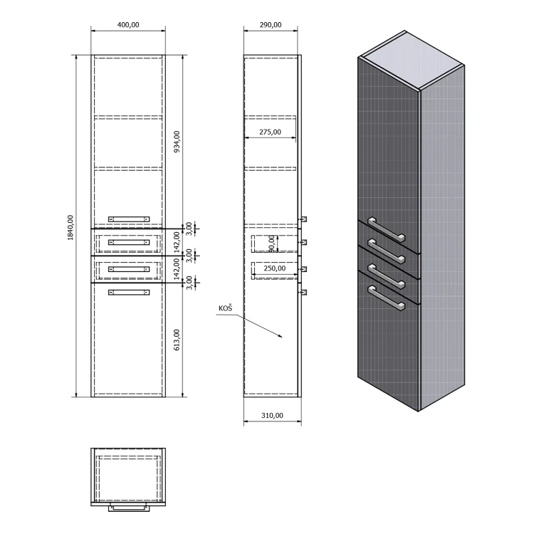 Rysunek techniczny - VEGA Szafka wysoka z koszem, 40x184x31cm, biała