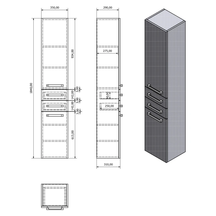 Rysunek techniczny - VEGA Szafka wysoka 35x184x31cm, biała
