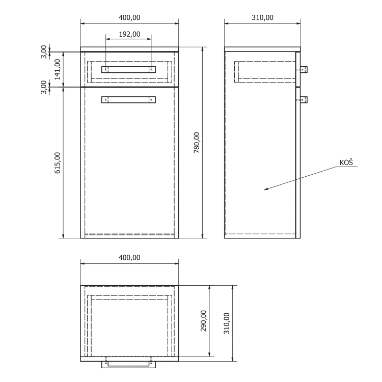 Rysunek techniczny - VEGA szafka dolna z koszem na bieliznę 40x78x31cm, biała
