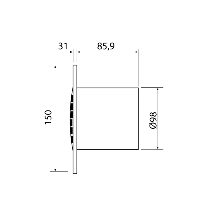 Rysunek techniczny - B-10 PLUS T wentylator łazienkowy z wył. czasowym, 15W, wylot 100mm, biały