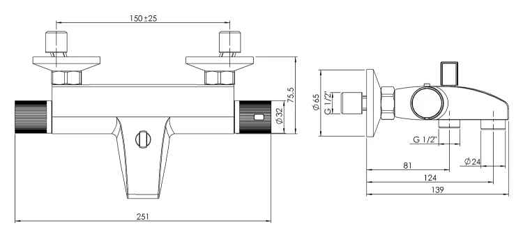 Rysunek techniczny - ACTION bateria wannowa termostatyczna, ścienna, chrom
