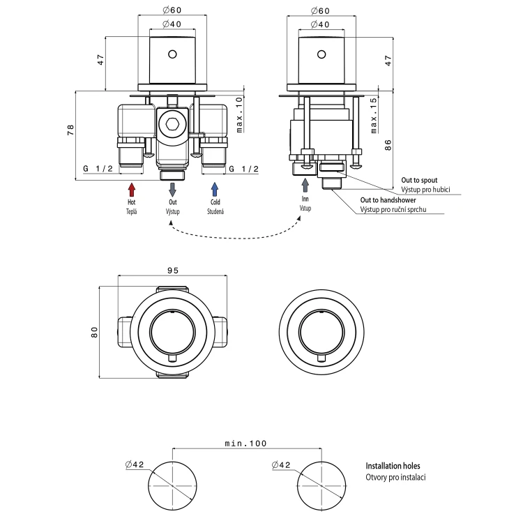 Rysunek techniczny - GO bateria na brzeg wanny dwuelementowa, termostatyczna, chrom