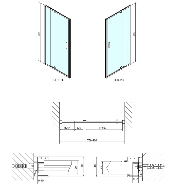 Rysunek techniczny - EASY drzwi prysznicowe obrotowe 760-900mm, szkło czyste