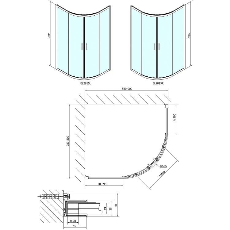 Rysunek techniczny - EASY kabina prysznicowa półokrągła 900x800mm, L/R, szkło czyste