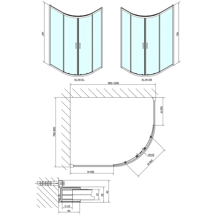 Rysunek techniczny - EASY kabina prysznicowa półokrągła 1000x800mm, L/R, szkło czyste