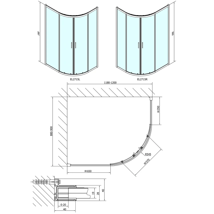 Rysunek techniczny - EASY kabina prysznicowa półokrągła 1200x900mm, L/R, szkło czyste