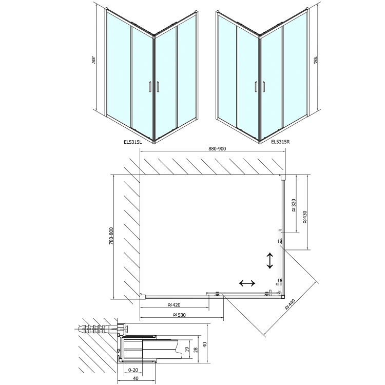 Rysunek techniczny - EASY kabina prysznicowa 900x800mm, szkło czyste