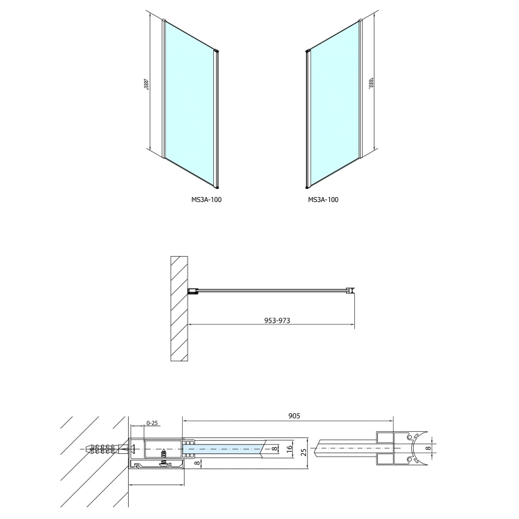 Rysunek techniczny - MODULAR SHOWER ścianka do panela obrotowego, 1000 mm