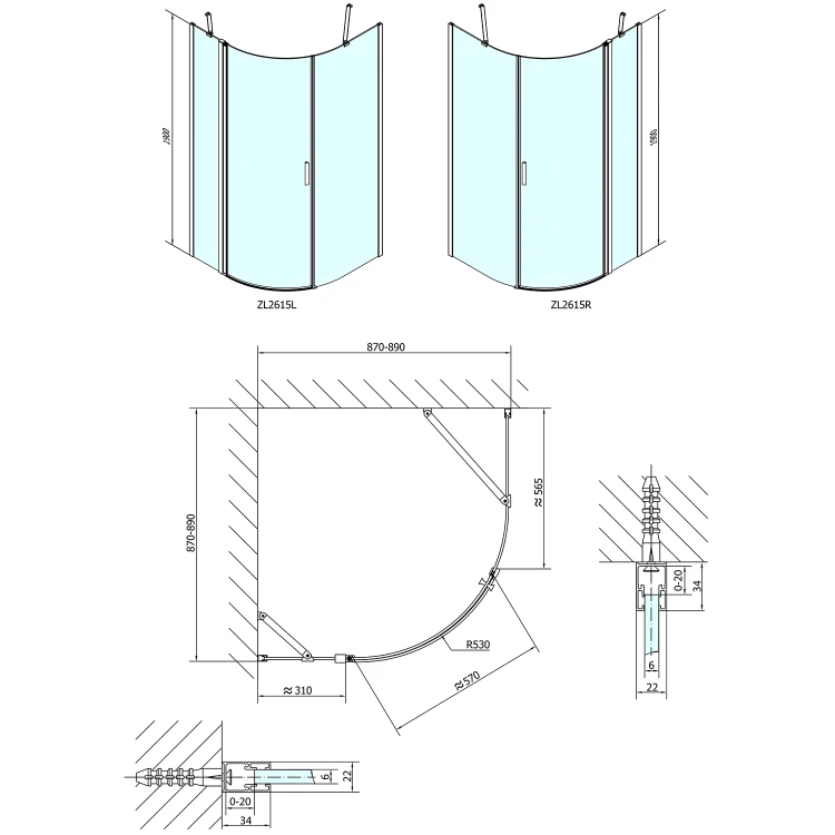 Rysunek techniczny - ZOOM kabina prysznicowa półokrągła 900x900mm, szkło czyste, prawa