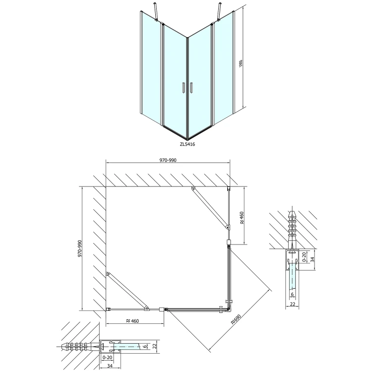 Rysunek techniczny - ZOOM kabina prysznicowa 1000x1000mm, szkło czyste