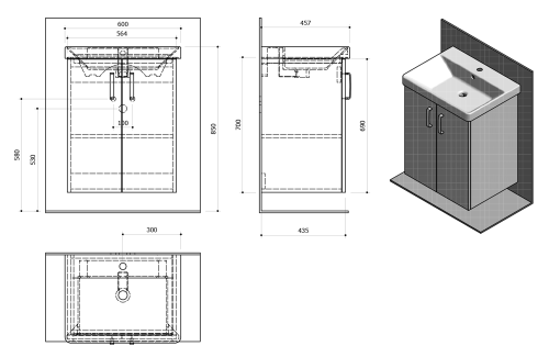 Rysunek techniczny - THEIA szafka umywalkowa 56,4x70x44,2cm, 2 drzwiczki, sosna rustykalna